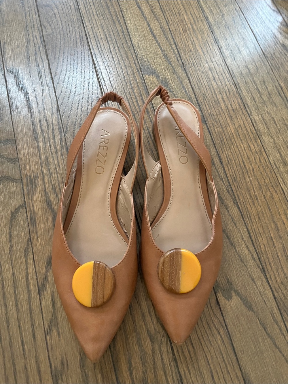 Tan Leather Slingback Flats with Yellow Accent